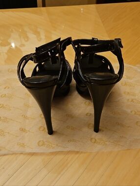Black Patent Stiletto Ankle-Strap Heels